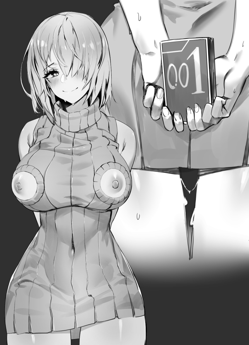 1girl areolae blush breasts commentary_request covered_navel cowboy_shot dress fate/grand_order fate_(series) from_behind greyscale hair_over_one_eye highres hxd large_breasts looking_at_viewer mash_kyrielight monochrome multiple_views nippleless_clothes nipples pussy_juice ribbed_sweater shiny shiny_hair shiny_skin short_hair sleeveless_sweater smile solo sweat sweater sweater_dress thighs turtleneck turtleneck_sweater