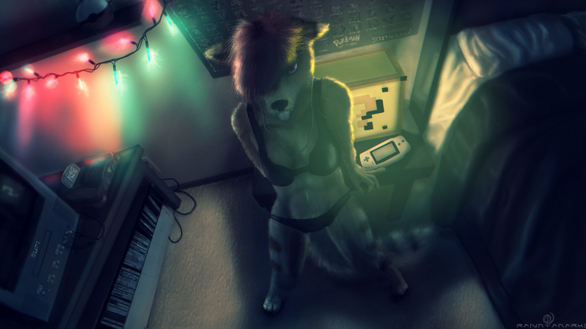 16:9 ?_block anthro bed bedroom bra canid canine canis carpet chrismas_lights clothing coyote crt detailed_background female fur furniture gameboy_advance hair jewelry light lighting magazine mammal necklace nintendo nintendo_64 pink_eyes pinup pok&eacute;ball pok&eacute;mon pose poster_(object) raivn_anarki red_hair shelf solo tongue tongue_out underwear video_games widescreen