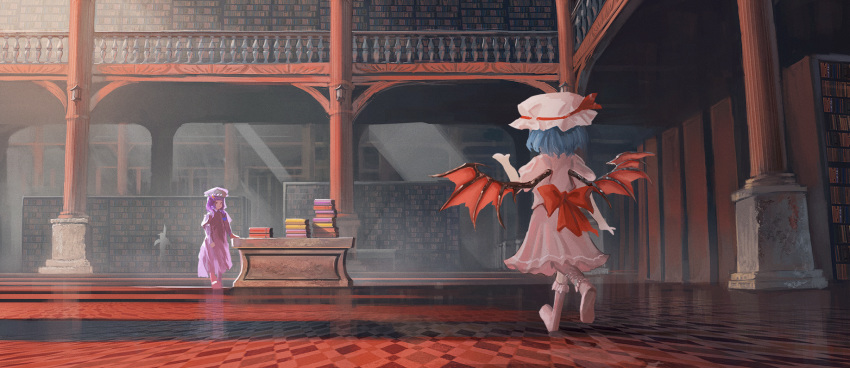 2girls arm_up bat_wings blouse blue_hair book_stack bookshelf bow checkered checkered_floor column fjsmu from_behind hat hat_ribbon highres indoors library light_rays mob_cap multiple_girls patchouli_knowledge pillar pink_blouse pink_headwear pink_legwear pink_robe pink_skirt puffy_short_sleeves puffy_sleeves purple_hair purple_headwear railing red_bow reflective_floor remilia_scarlet ribbon sconce short_hair short_sleeves skirt socks standing sunbeam sunlight table touhou walking wide_shot wings