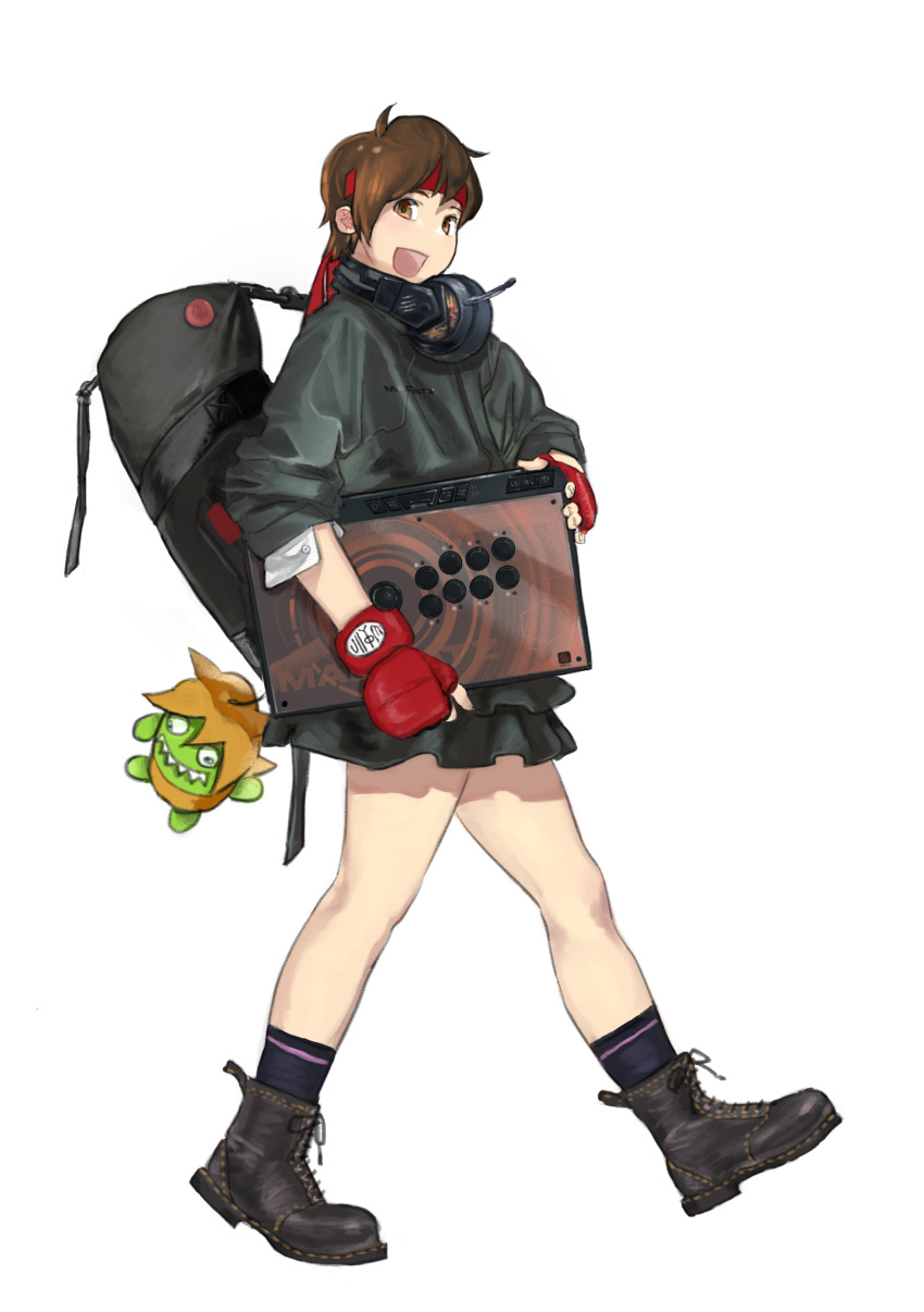 1girl absurdres arcade_stick bag blanka-chan boots brown_eyes brown_hair casual character_doll commentary_request controller duffel_bag fingerless_gloves from_side full_body game_controller gloves headband headphones headphones_around_neck headset highres joystick kasugano_sakura looking_at_viewer mad_catz padded_gloves red_gloves red_headband short_hair skirt sleeves_pushed_up socks solo sora-bakabon street_fighter street_fighter_v walking white_background