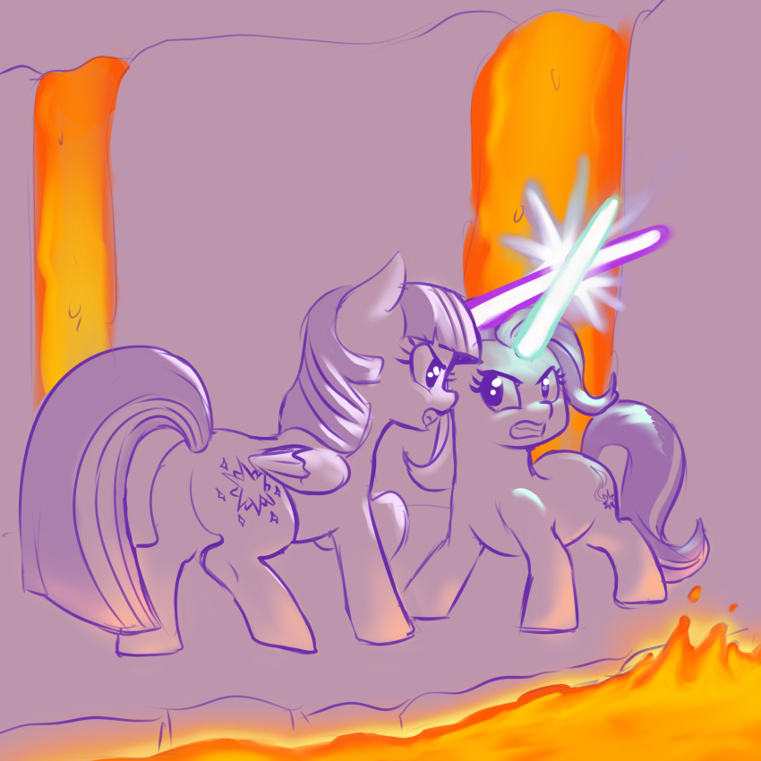 1:1 cradeelcin cutie_mark duo equid female feral fight friendship_is_magic hi_res horn lava lightsaber mammal melee_weapon my_little_pony star_wars starlight_glimmer_(mlp) twilight_sparkle_(mlp) unicorn weapon winged_unicorn wings