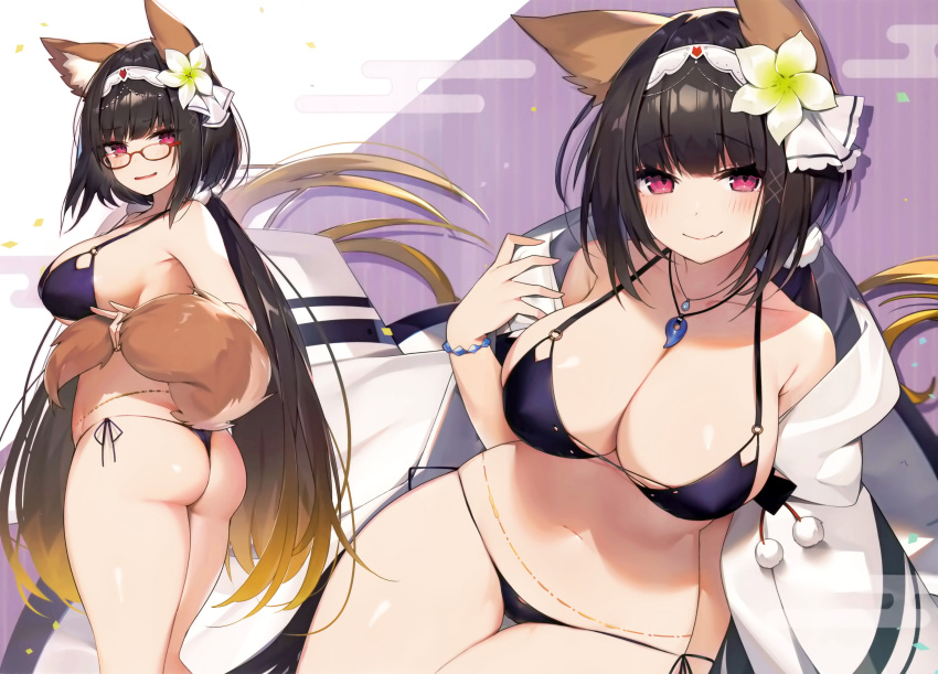 1girl absurdres animal_ear_fluff animal_ears ass bangs bare_shoulders bikini black_hair blush bracelet breasts cleavage closed_mouth eyebrows_visible_through_hair fang fang_out fate/grand_order fate_(series) flower fox_ears fox_tail from_behind glasses hair_flower hair_ornament highres jewelry lady_foxy large_breasts long_hair looking_back low_twintails magatama_necklace multiple_views muryotaro navel osakabe-hime_(fate/grand_order) parted_lips pink_eyes pom_pom_(clothes) red-framed_eyewear scan shiny shiny_clothes shiny_hair shiny_skin side-tie_bikini smile sweat sweatdrop swimsuit tail thigh_gap thighs thong_bikini twintails x_hair_ornament