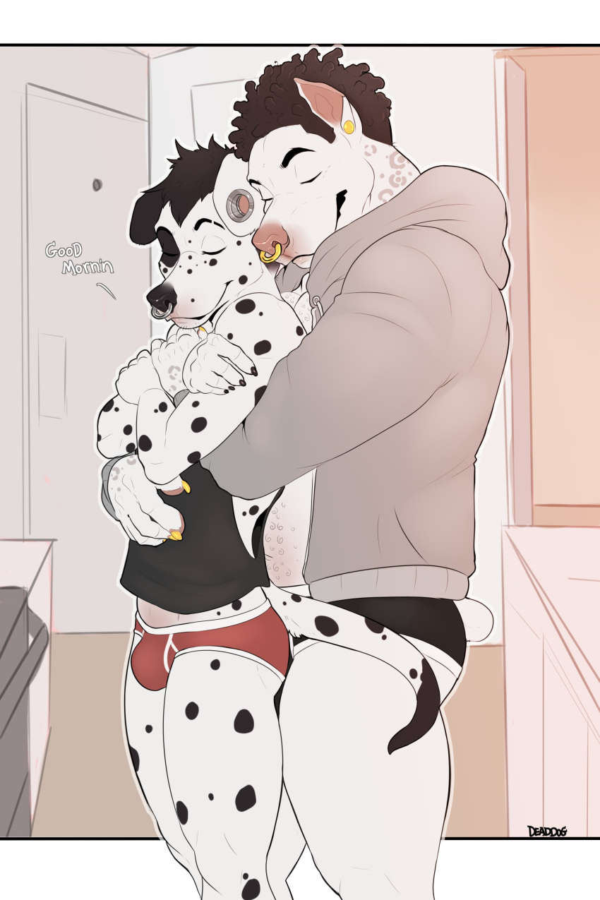 absurd_res anthro bambii_dog briefs bulge canid canine canis clothing dalmatian dialogue domestic_dog duo english_text eyes_closed facial_piercing hi_res hug male male/male mammal nose_piercing piercing pit_bull septum_piercing smile standing text underwear