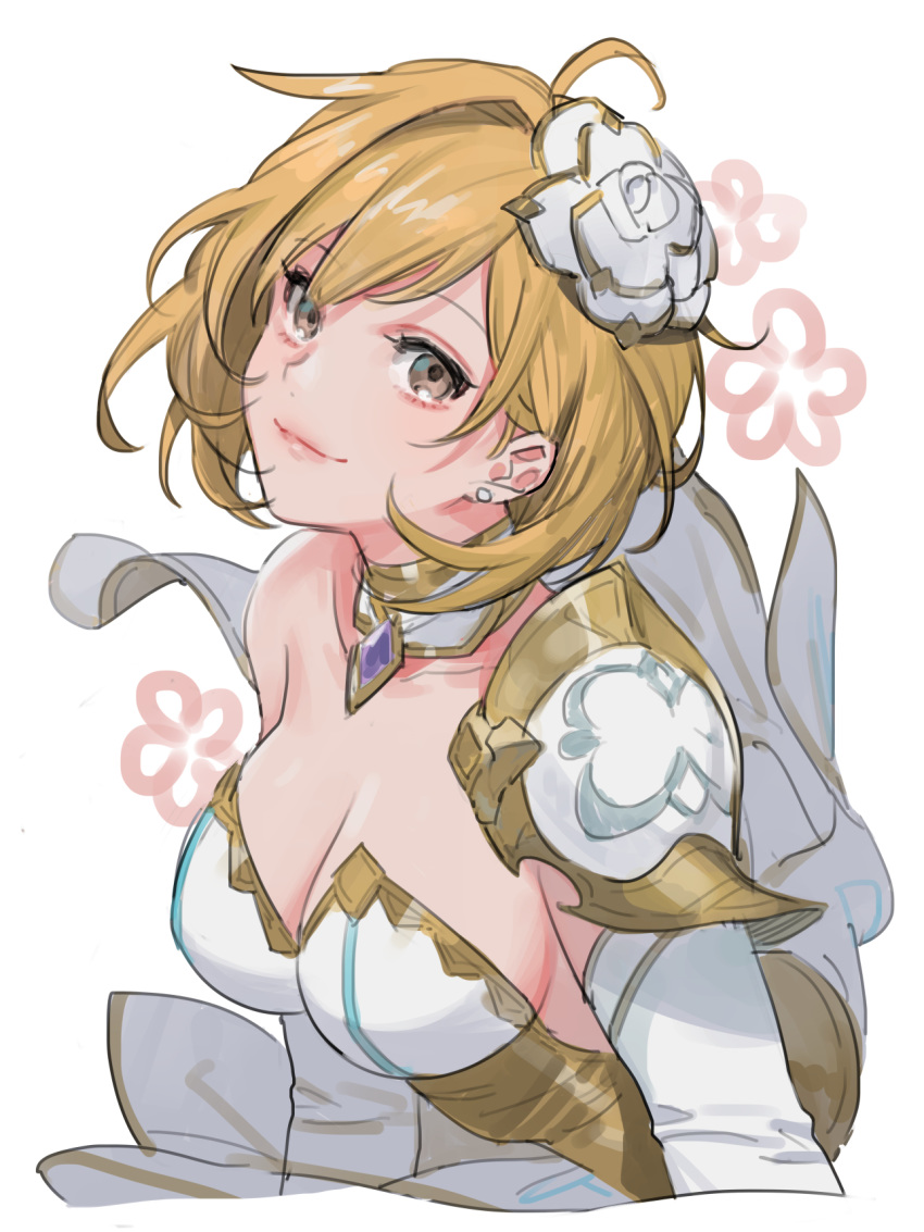 1girl backless_dress backless_outfit bangs bare_shoulders blonde_hair breasts brown_eyes cleavage closed_mouth collarbone detached_collar detached_sleeves djeeta_(granblue_fantasy) dress earrings eyebrows_visible_through_hair eyelashes flower gem granblue_fantasy hair_flower hair_ornament highres jewelry lips long_sleeves looking_at_viewer medium_breasts rose sanditk_gbf short_hair shoulder_armor sideboob simple_background smile solo spaulders swept_bangs the_glory translated upper_body white_background white_dress white_flower white_rose