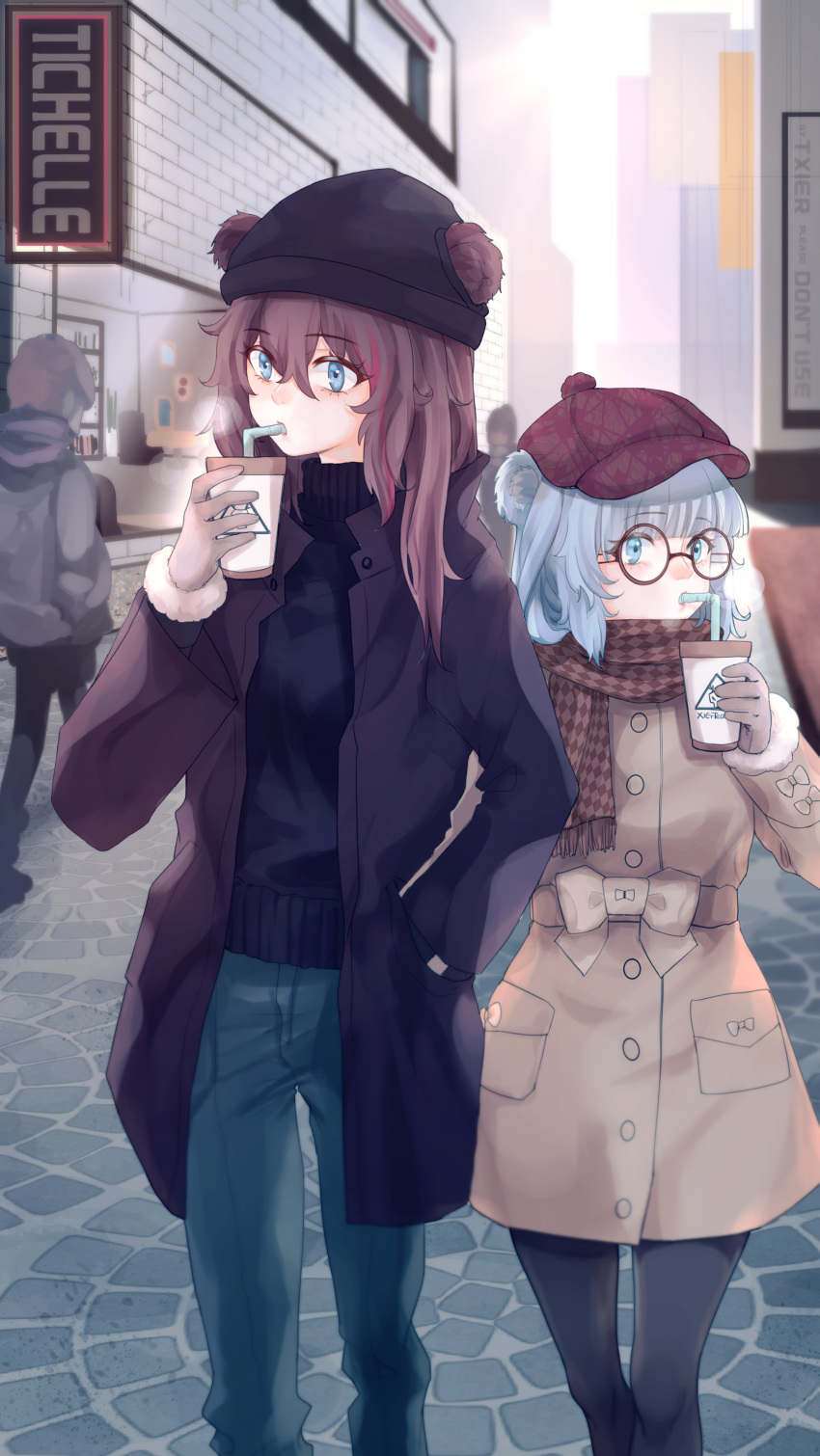 2girls absurdres alternate_costume animal_ears arknights bangs beanie bear_ears black-framed_eyewear black_headwear black_jacket black_legwear black_shirt blue_eyes blue_hair blue_pants breath brown_hair brown_scarf cabbie_hat casual chinese_commentary commentary_request contemporary cup denim drinking_straw ears_through_headwear eyebrows_visible_through_hair feet_out_of_frame fur-trimmed_sleeves fur_trim glasses gloves grey_gloves grey_jacket hair_between_eyes hand_in_pocket hand_up hat highres holding holding_cup istina_(arknights) jacket jeans long_hair long_sleeves multicolored_hair multiple_girls open_clothes open_jacket pants pantyhose red_hair round_eyewear scarf shirt standing streaked_hair ya_kexi zima_(arknights)