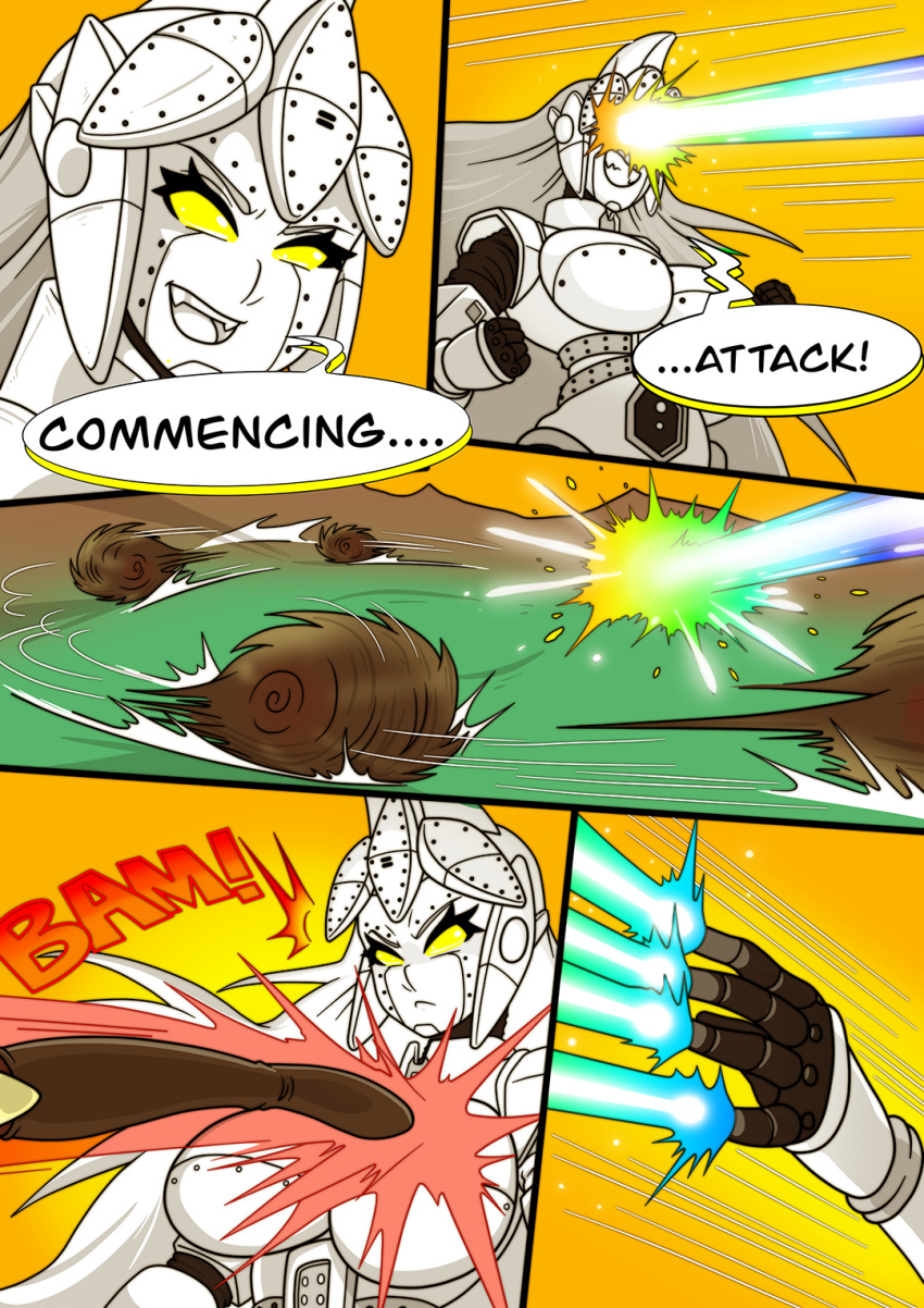 anguirus big_breasts breasts comic dialogue duo english_text female fight godzilla_(series) hi_res humanoid kaiju kaiju_girls_(webcomic) kick laser machine mechagodzilla open_mouth robot text toho witchking00