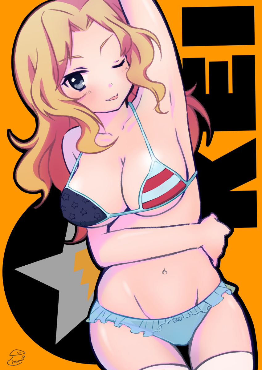 1girl :p ;) absurdres american_flag_bikini arm_up armpits artist_name bikini blonde_hair blue_eyes blue_panties bow bow_panties breasts character_name cleavage_cutout closed_mouth cowboy_shot dutch_angle emblem flag_print frilled_panties frills girls_und_panzer groin hair_intakes highres itsumip kay_(girls_und_panzer) long_hair looking_at_viewer medium_breasts one_eye_closed orange_background panties romaji_text signature smile solo standing swimsuit thighhighs tongue tongue_out underwear white_legwear