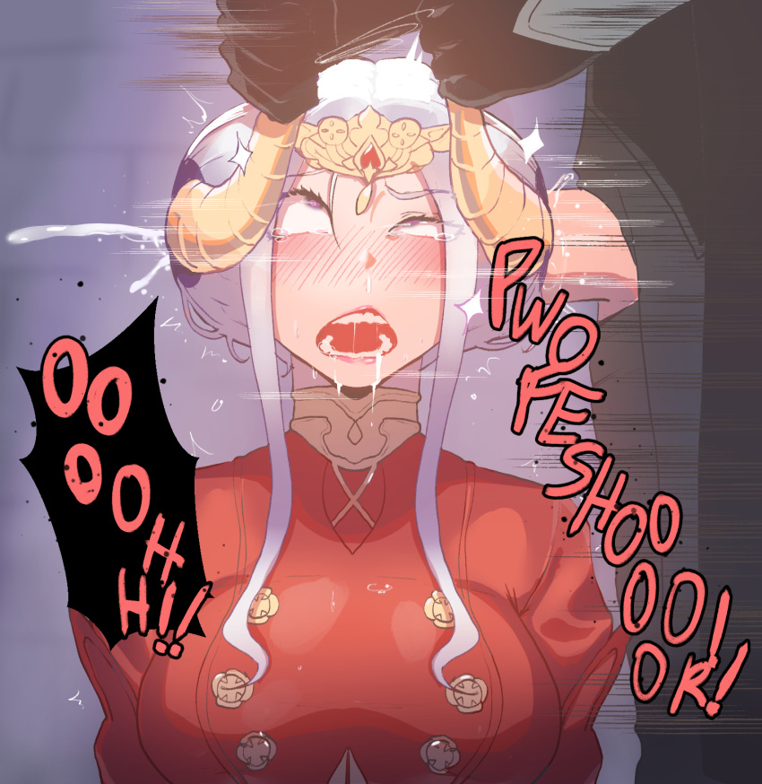 1boy 1girl alternate_hair_length alternate_hairstyle blush breasts commentary drooling ear_fuck edelgard_von_hresvelg english_commentary english_text fire_emblem fire_emblem:_three_houses grey_hair hetero highres horn_grab horns large_breasts large_penis lipstick makeup nyantcha open_mouth penis purple_eyes rolling_eyes saliva sex short_hair solo_focus speech_bubble tears tiara torogao uniform what