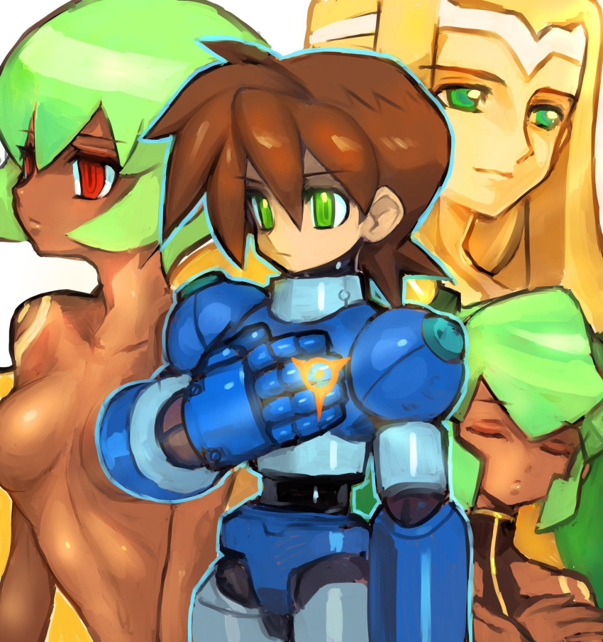 2girls blonde_hair breasts brown_hair dakusuta dark_skin green_eyes green_hair highres long_hair multiple_boys multiple_girls nude red_eyes rock_volnutt rockman rockman_dash sera_(rockman_dash) short_hair small_breasts smile tattoo twintails yuna_(rockman_dash)