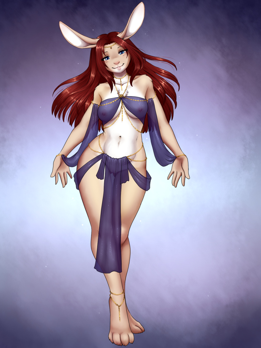3:4 4_toes 5_fingers ajna anthro areola blue_eyes breasts brown_hair female fingers genitals hair hi_res lagomorph leporid looking_at_viewer mammal nipples pussy rabbit smile solo toes