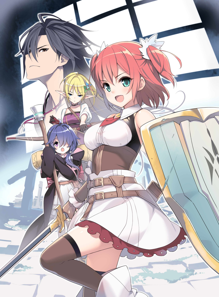 1boy 3girls :d absurdres ahoge amano_yuu aqua_eyes arrow bangs bare_shoulders belt belt_buckle blonde_hair blue_eyes blue_hair blush bow_(weapon) breasts buckle copyright_request cover_image elf frilled_skirt frills gloves hair_ornament hair_over_one_eye highres holding holding_arrow holding_bow_(weapon) holding_shield holding_staff holding_sword holding_weapon long_hair long_sleeves looking_at_viewer medium_breasts multiple_girls novel_illustration official_art open_mouth pink_hair pointy_ears purple_eyes shield short_hair short_twintails sidelocks skirt sleeveless sleeves_past_wrists smile staff standing standing_on_one_leg sword thighhighs twintails weapon white_skirt