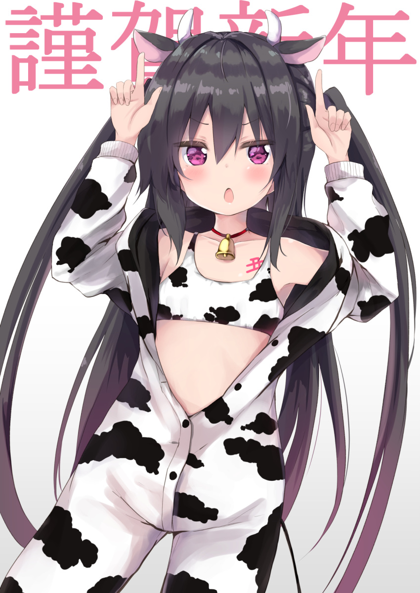 1girl amano_kouki animal_costume animal_ears animal_print arms_up background_text bangs bare_shoulders bell bell_choker black_hair bra choker collarbone commentary_request cow_costume cow_ears cow_horns cow_print eyebrows_visible_through_hair flat_chest gradient gradient_background gradient_hair grey_background hair_between_eyes highres hood hood_down horns horns_pose kemonomimi_mode long_hair looking_at_viewer multicolored_hair note-chan open_mouth original print_bra purple_eyes red_choker solo translation_request two_side_up underwear v-shaped_eyebrows very_long_hair white_background white_bra