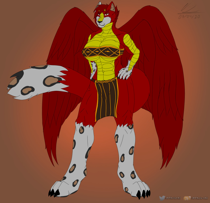 alternate_universe anthro athletic athletic_female avian big_breasts breasts canid canine canis chrislhi claws clothing dots dragon european_mythology feathered_wings feathers felid female greek_mythology grin hi_res hybrid lhira(chrislhi) loincloth long_tail mammal muscular muscular_female mythological_avian mythological_firebird mythology pantherine phoenix pose smile smirk snow_leopard solo wings wolf