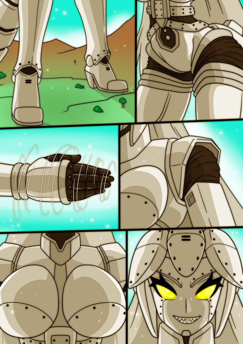 5_fingers big_breasts breasts clothing comic female fingers footwear godzilla_(series) hi_res high_heels kaiju_girls_(webcomic) machine macro mechagodzilla mountain outside robot sharp_teeth shoes solo teeth toho wide_hips witchking00