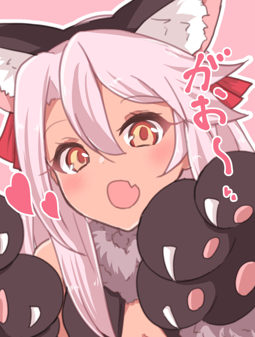 1girl bangs bare_shoulders black_leotard blush breasts cat_tail chawan_(yultutari) chloe_von_einzbern claws cosplay dark_skin fang fate/kaleid_liner_prisma_illya fate_(series) fur_collar gloves hat hat_ribbon heart highres illyasviel_von_einzbern illyasviel_von_einzbern_(cosplay) leotard long_hair looking_at_viewer open_mouth orange_eyes paw_gloves paws pink_hair red_ribbon ribbon small_breasts solo tail