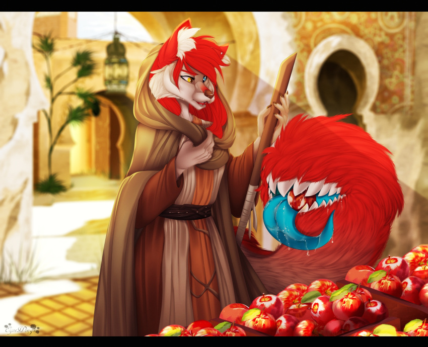 anthro apple bazaar belt blue_eyes canid canine canis cloak clothing darkflamewolf ear_piercing eating eating_food eyeswings female food fruit fur hair heterochromia hi_res hood hooded inner_ear_fluff mammal merchandise piercing plant quarterstaff red_body red_fur red_hair robe shopping solo staff stall tail_maw tail_mouth taylor_renee_wolford_(darkflamewolf) tongue tongue_out tuft wolf yellow_eyes