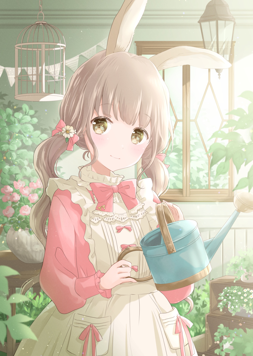 1girl absurdres animal_ears apron bangs birdcage bow bowtie brown_eyes bunny_ears cage ceiling_light flower hair_flower hair_ornament hair_ribbon head_tilt highres holding_watering_can hoshiibara_mato indoors light_brown_hair light_smile long_sleeves looking_at_viewer low_twintails original pink_neckwear pink_shirt planter ribbon shirt solo standing streamers twintails upper_body vase watering_can window