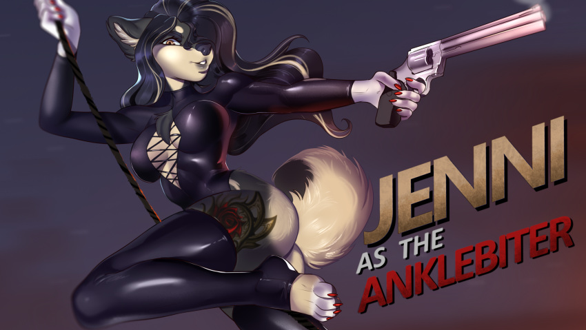 2020 action_pose action_scene action_shot anthro anutka big_breasts biped black_hair borderlands breasts butt canid canine canis clothed clothing colored_nails digital_media_(artwork) domestic_dog female fur gun hair handgun hi_res holding_object holding_weapon jenni_(jennibutt) latex_clothing leather legwear long_hair looking_at_viewer mammal nails nipple_outline pawpads pinup pomeranian pose ranged_weapon revolver rope simple_background smile solo spitz tattoo teeth text thick_thighs thigh_highs video_games wallpaper weapon