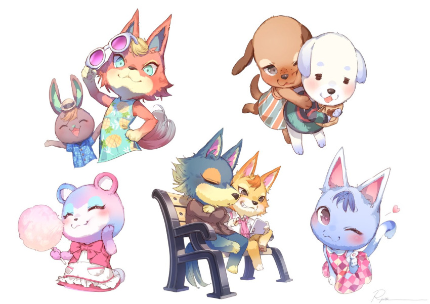 &lt;3 animal_crossing anthro audie_(animal_crossing) bea_(animal_crossing) bench blush canid canine canis chibi chief_(animal_crossing) cotton_candy daisy_(animal_crossing) domestic_cat domestic_dog eyewear felid feline felis female group judy_(animal_crossing) lagomorph leporid male mammal napping nintendo o'hare_(animal_crossing) rabbit rosie_(animal_crossing) ry_o_ta sleeping sunglasses video_games wolf wolfgang_(animal_crossing)