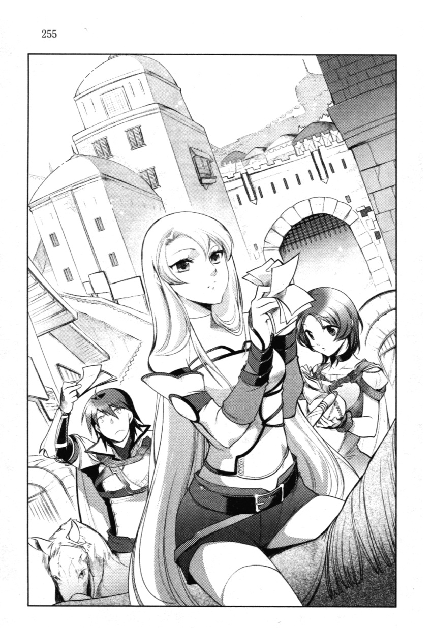 1boy 2girls arm_up belt belt_buckle buckle closed_mouth collarbone day densetsu_no_yuusha_no_densetsu detached_sleeves ferris_eris frown greyscale hair_between_eyes highres holding horse kiefer_knolles long_hair long_sleeves monochrome multiple_girls novel_illustration official_art outdoors page_number riding ryner_lute short_shorts shorts straight_hair thighhighs toyota_saori very_long_hair zettai_ryouiki