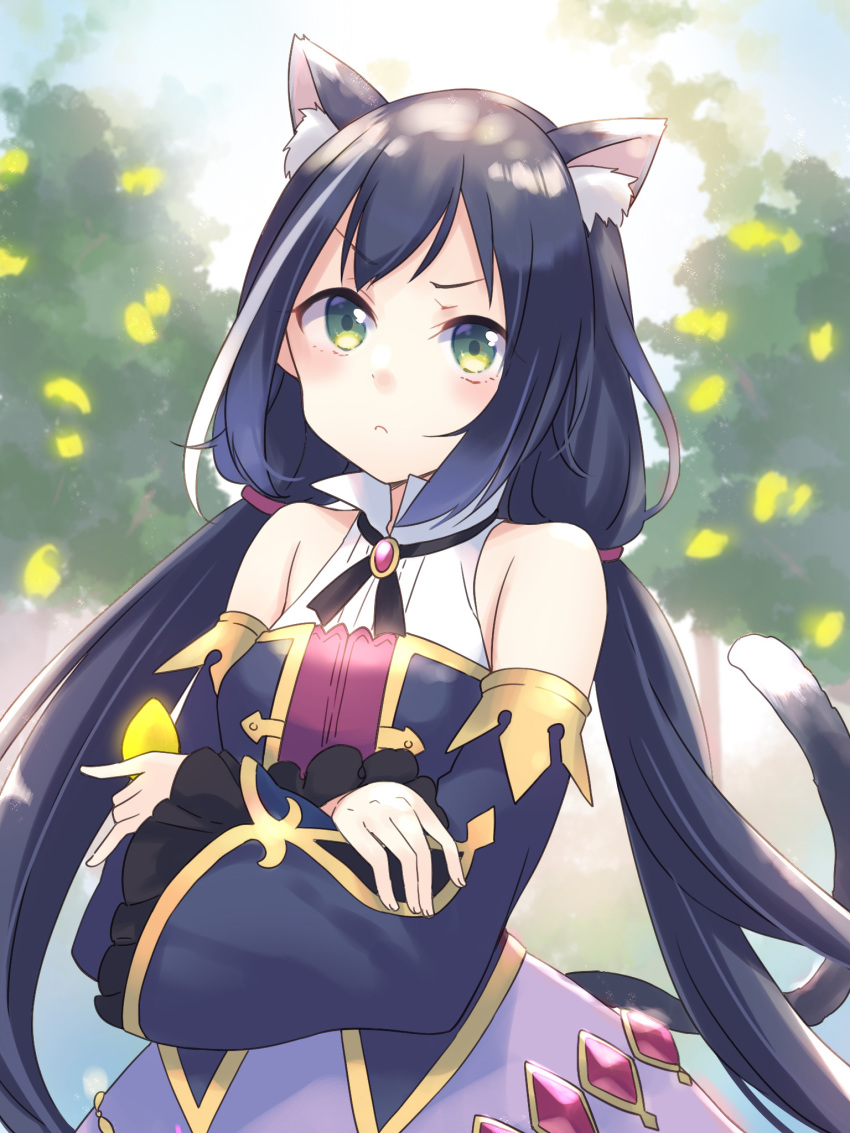 &gt;:( 1girl animal_ear_fluff animal_ears bangs bare_shoulders black_hair black_sleeves blush cat_ears cat_girl cat_tail closed_mouth commentary_request detached_sleeves eyebrows_visible_through_hair green_eyes gucchiann highres kyaru_(princess_connect) light_frown long_hair long_sleeves low_twintails multicolored_hair princess_connect! princess_connect!_re:dive purple_skirt shirt skirt sleeveless sleeveless_shirt sleeves_past_wrists solo streaked_hair tail tail_raised tree twintails v-shaped_eyebrows very_long_hair white_hair white_shirt wide_sleeves