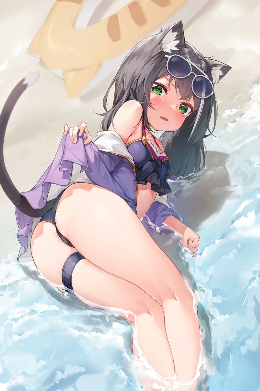 1girl absurdres animal_ear_fluff animal_ears ass bare_shoulders black_hair black_swimsuit blush cat_ears cat_tail day eyewear_on_head fang green_eyes highres innertube kyaru_(princess_connect) long_hair looking_at_viewer lying mokew on_side outdoors princess_connect! princess_connect!_re:dive skin_fang solo sunglasses swimsuit tail thigh_strap water