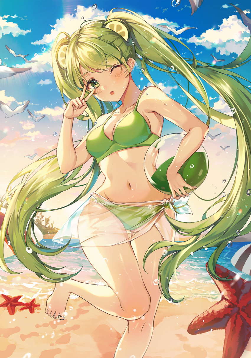 1girl ;o animal armpits ball bare_shoulders barefoot beach beachball bikini bird breasts cleavage cloud collarbone cookie_run day green_bikini green_eyes green_hair hair_ornament highres holding lime_cookie long_hair looking_at_viewer medium_breasts navel one_eye_closed open_mouth outdoors sarong solo starfish stomach swimsuit thighs ttosom twintails v very_long_hair water