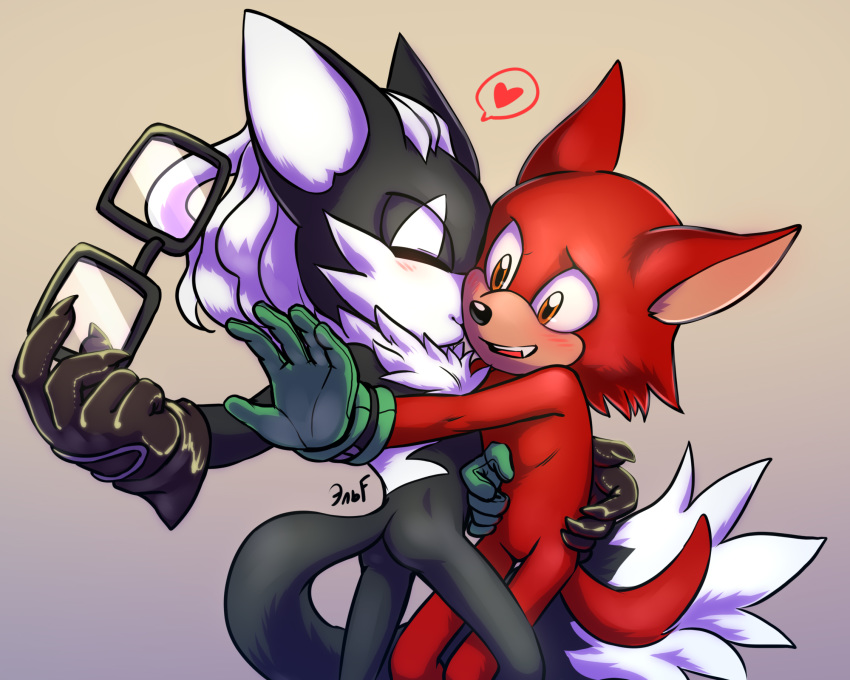 &lt;3 5:4 amber_eyes anthro black_body black_fur blush butt canid canine canis claws clothing custom_character_(sonic_forces) dipstick_tail duo embrace eyes_closed fur gloves hair handwear hi_res infinite_(sonic) jackal kissing krazyelf male male/male mammal multicolored_tail open_mouth open_smile red_body red_fur ruff smile sonic_forces sonic_the_hedgehog_(series) standing white_hair wolf