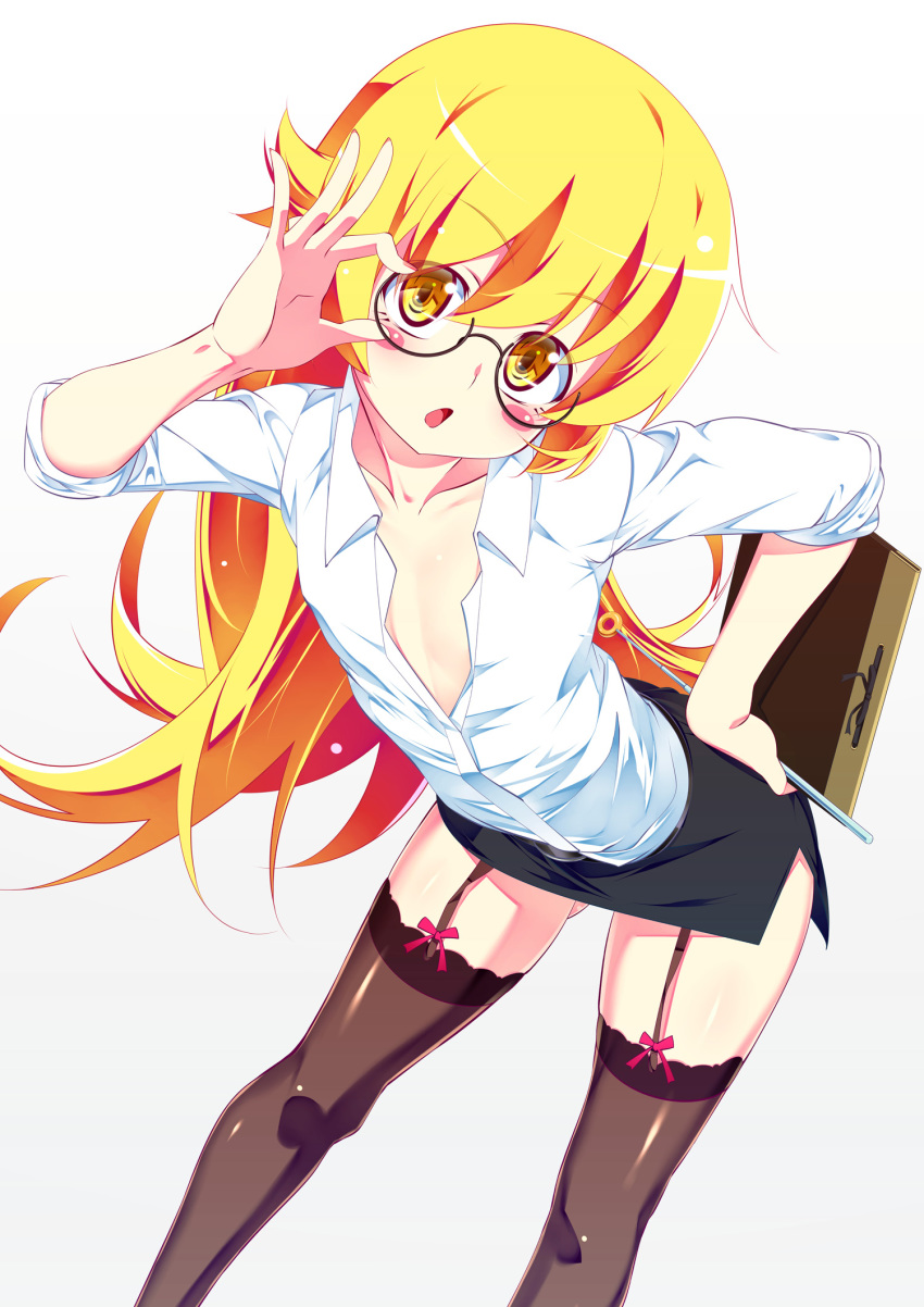 1girl alternate_costume bespectacled black_skirt blonde_hair blush_stickers brown_legwear collarbone commentary_request eyebrows_visible_through_hair flat_chest garter_straps glasses gradient gradient_background grey_background highres looking_at_viewer miniskirt monogatari_(series) open_mouth oshino_shinobu raglan_sleeves shirt skirt solo standing tanabe_kyou thighhighs white_background white_shirt yellow_eyes