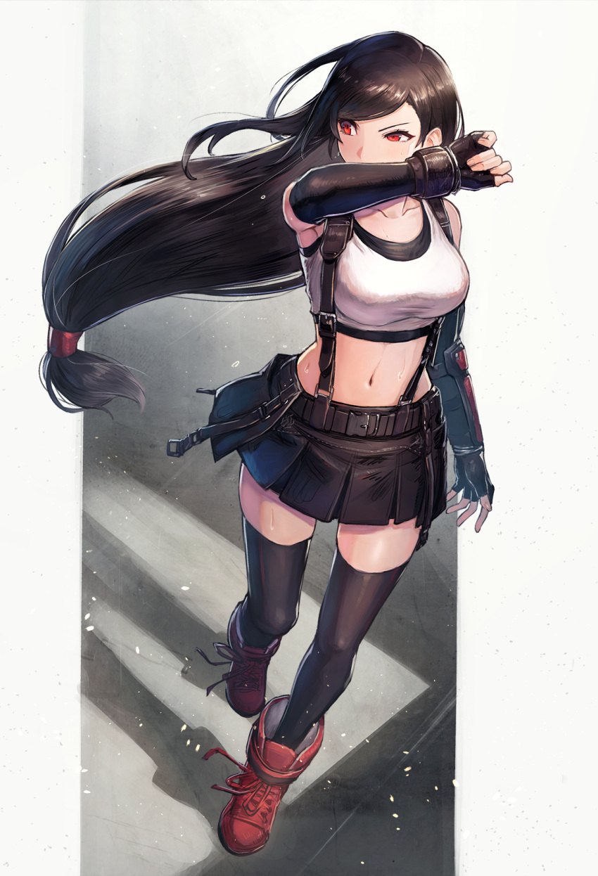 1girl arm_guards black_hair black_skirt breasts brown_eyes cleavage elbow_gloves final_fantasy final_fantasy_vii final_fantasy_vii_remake fingerless_gloves gloves highres kuroi_susumu long_hair looking_to_the_side low-tied_long_hair midriff navel pleated_skirt red_footwear skirt stomach suspenders sweat thighhighs tifa_lockhart wiping_mouth