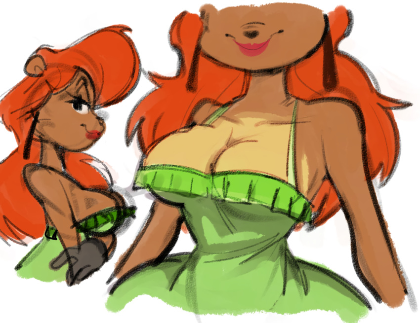 anthro breasts cleavage close-up clothed clothing dbaru dress female hair julie_bruin lipstick makeup mammal red_hair simple_background sketch smile solo tiny_toon_adventures ursid warner_brothers white_background