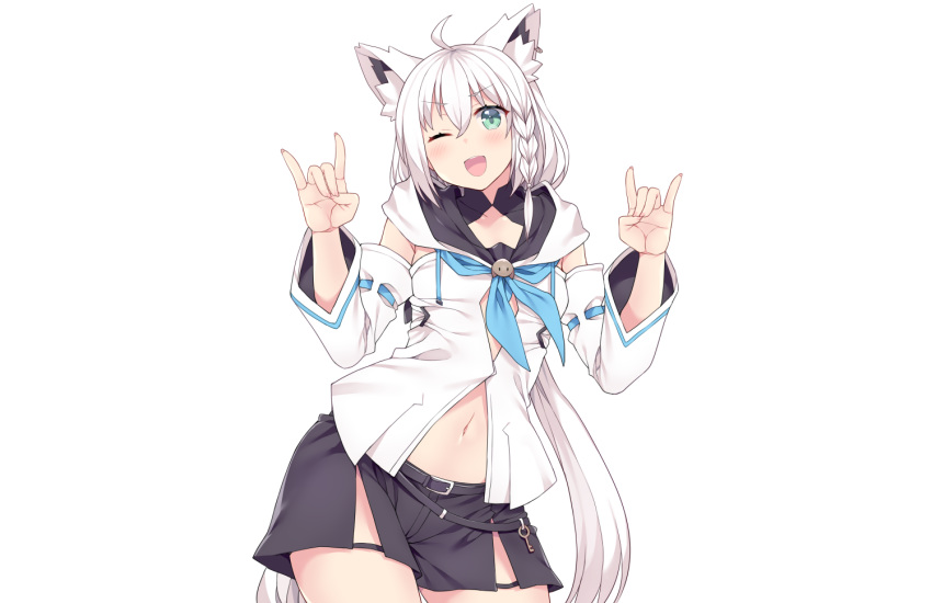 aliasing animal_ears blush braids foxgirl green_eyes hasu_(hk_works) hololive hoodie japanese_clothes long_hair navel school_uniform shirakami_fubuki shorts third-party_edit white white_hair wink