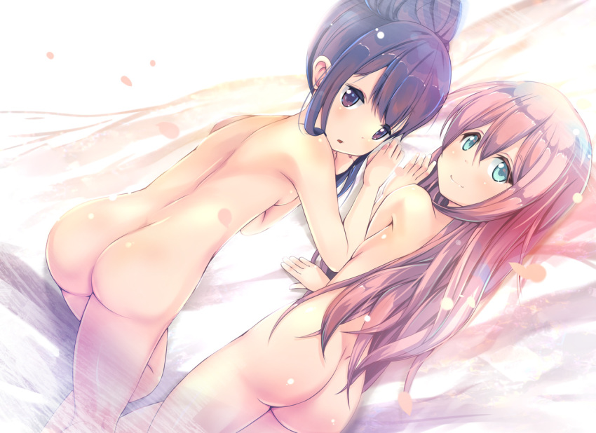 2girls ass black_eyes black_hair blue_eyes breasts from_behind gc3 hair_bun kagamihara_nadeshiko long_hair looking_at_viewer looking_back lying multiple_girls nude on_stomach partially_submerged pink_hair shima_rin small_breasts smile water yurucamp