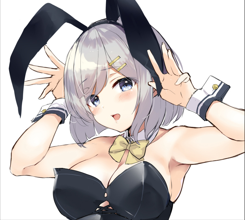 1girl animal_ears bangs black_leotard blue_eyes blush breasts bunny_ears bunnysuit cleavage detached_collar eyebrows_visible_through_hair fake_animal_ears hair_ornament hairclip hamakaze_(kantai_collection) highres kantai_collection large_breasts leotard monoto open_mouth short_hair silver_hair simple_background solo upper_body white_background yellow_neckwear