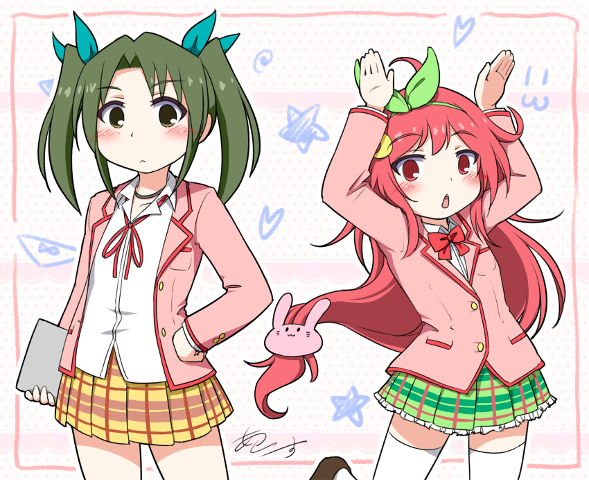 2girls cosplay earth_ekami green_hair highres jacket kantai_collection kawaikereba_hentai_demo_suki_ni_natte_kuremasu_ka? multiple_girls pink_hair pink_jacket plaid plaid_skirt red_neckwear shirt skirt twintails uzuki_(kantai_collection) white_shirt zuikaku_(kantai_collection)