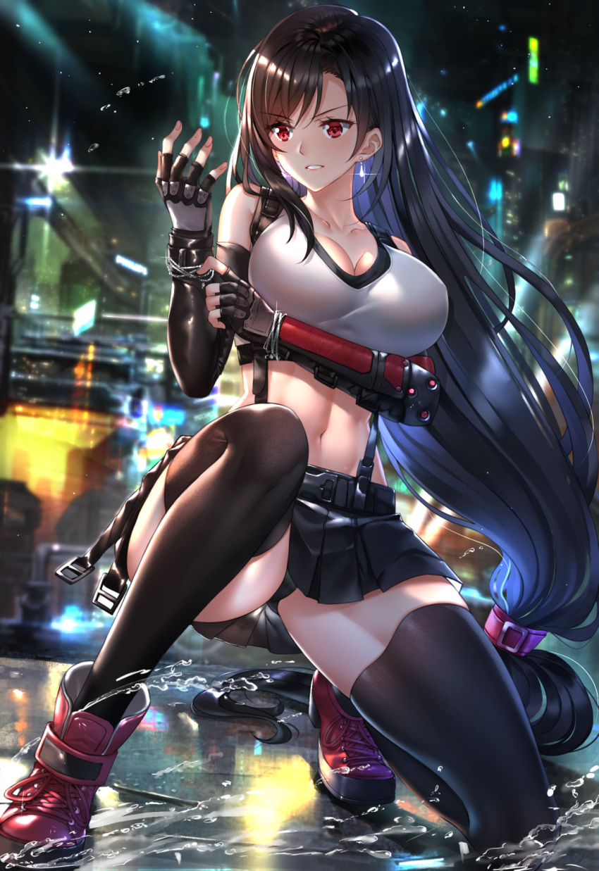 1girl bangs bare_shoulders black_gloves black_hair black_legwear black_panties black_skirt blurry blurry_background blush boots breasts building cleavage collarbone commentary_request crop_top depth_of_field earrings elbow_gloves eyebrows_visible_through_hair final_fantasy final_fantasy_vii final_fantasy_vii_remake fingerless_gloves glint gloves highres jewelry large_breasts long_hair looking_away looking_to_the_side midriff navel neon_lights night one_knee outdoors panties pantyshot parted_lips pleated_skirt red_eyes red_footwear reflection shirt skirt sleeveless sleeveless_shirt solo suspender_skirt suspenders swordsouls thighhighs thighhighs_under_boots tifa_lockhart underwear v-shaped_eyebrows very_long_hair water