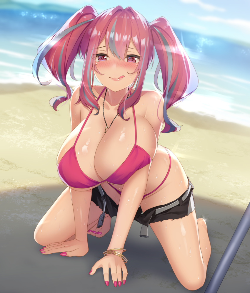 1girl :q azur_lane bangs beach belt between_breasts bikini black_shorts blue_sky blush bracelet breasts bremerton_(azur_lane) cleavage cloud collarbone commentary_request day eyebrows_visible_through_hair grey_hair hair_between_eyes heart heart_necklace highres horizon huge_breasts jewelry long_hair looking_at_viewer micro_shorts mole mole_on_breast mole_under_eye multicolored_hair nail_polish ocean outdoors pink_bikini pink_eyes pink_hair pink_nails sand shiny shiny_skin short_shorts shorts shorts_pull sidelocks sky solo sportswear streaked_hair sweat swimsuit takuroo toenail_polish tongue tongue_out twintails water water_drop white_belt