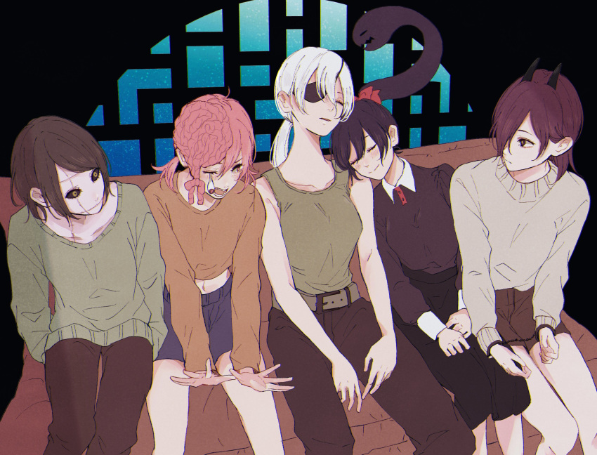 5girls bare_arms bare_shoulders belt black_hair black_horns black_pants blonde_hair blouse blush brown_hair brown_pants chainsaw_man demon_horns eyepatch head_on_head head_on_shoulder head_tilt highres horns long_hair medium_hair miniskirt monster_girl multiple_girls pants pink_hair ponytail pullover quanxi_(chainsaw_man) shirt shirt_tucked_in short_hair shorts skirt sleeping smile toukaairab white_hair zombie