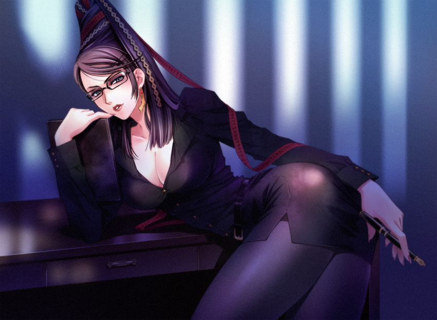 1girl bangs bayonetta bayonetta_(character) beehive_hairdo belt black-framed_eyewear blue_eyes breasts carnelian cleavage collarbone commentary_request earrings glasses holding jewelry large_breasts lips long_hair long_sleeves looking_at_viewer makeup mechanical_pencil miniskirt mole mole_under_mouth office_lady pantyhose parted_lips pencil pencil_skirt red_lips simple_background skirt solo table tied_hair