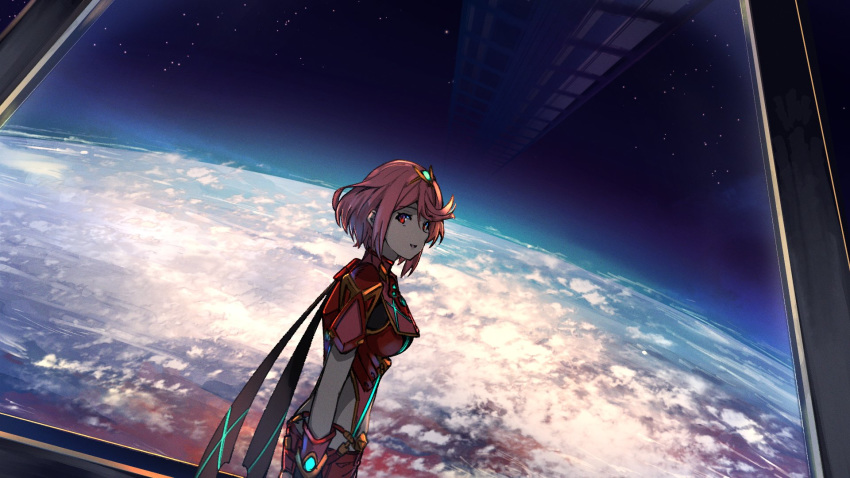 1girl bangs breasts gloves highres homura_(xenoblade_2) medium_breasts poteto_(potetosarada123) red_hair scenery short_hair sky solo space star_(sky) starry_sky swept_bangs window xenoblade_(series) xenoblade_2