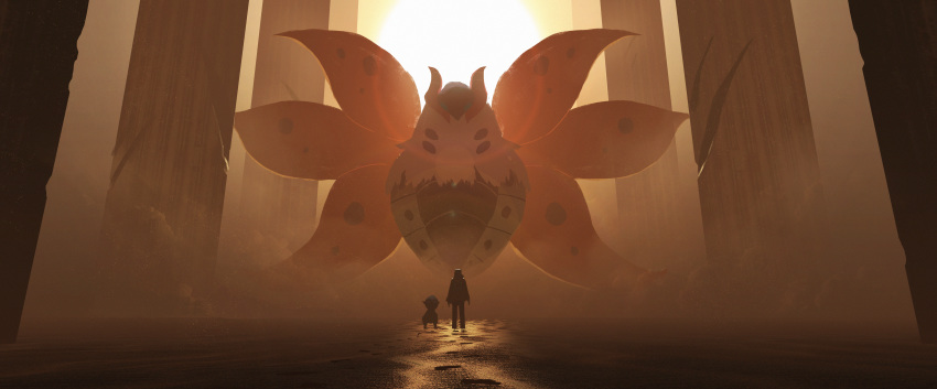 1other absurdres asteroid_ill backlighting brown_theme cracked cranidos dust_cloud facing_away footprints gen_4_pokemon gen_5_pokemon highres huge_filesize looking_at_another pillar pokemon pokemon_(creature) sand silhouette size_difference standing volcarona wide_shot wings