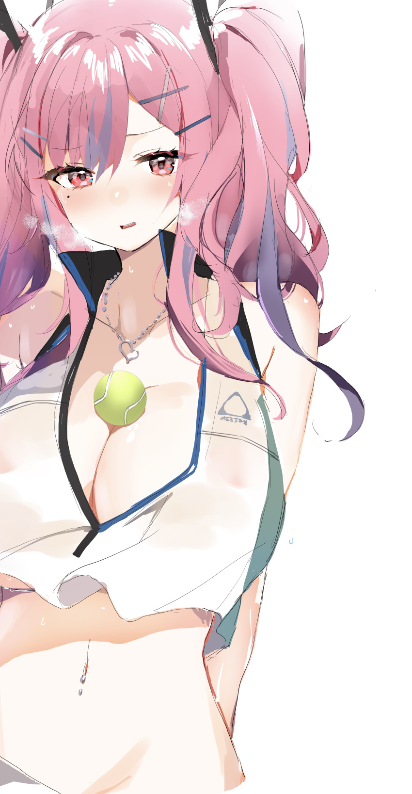 1girl absurdres azur_lane ball bangs bare_shoulders blush breasts bremerton_(azur_lane) bremerton_(scorching-hot_training)_(azur_lane) cleavage crop_top crop_top_overhang eyebrows_visible_through_hair hair_between_eyes headgear heart heart_necklace highres hoerutarou huge_breasts jewelry large_breasts midriff mole mole_under_eye multicolored_hair navel navel_piercing necklace open_mouth piercing red_eyes shirt skirt sleeveless sleeveless_shirt sportswear streaked_hair tennis tennis_ball tennis_uniform thighs twintails two-tone_skirt