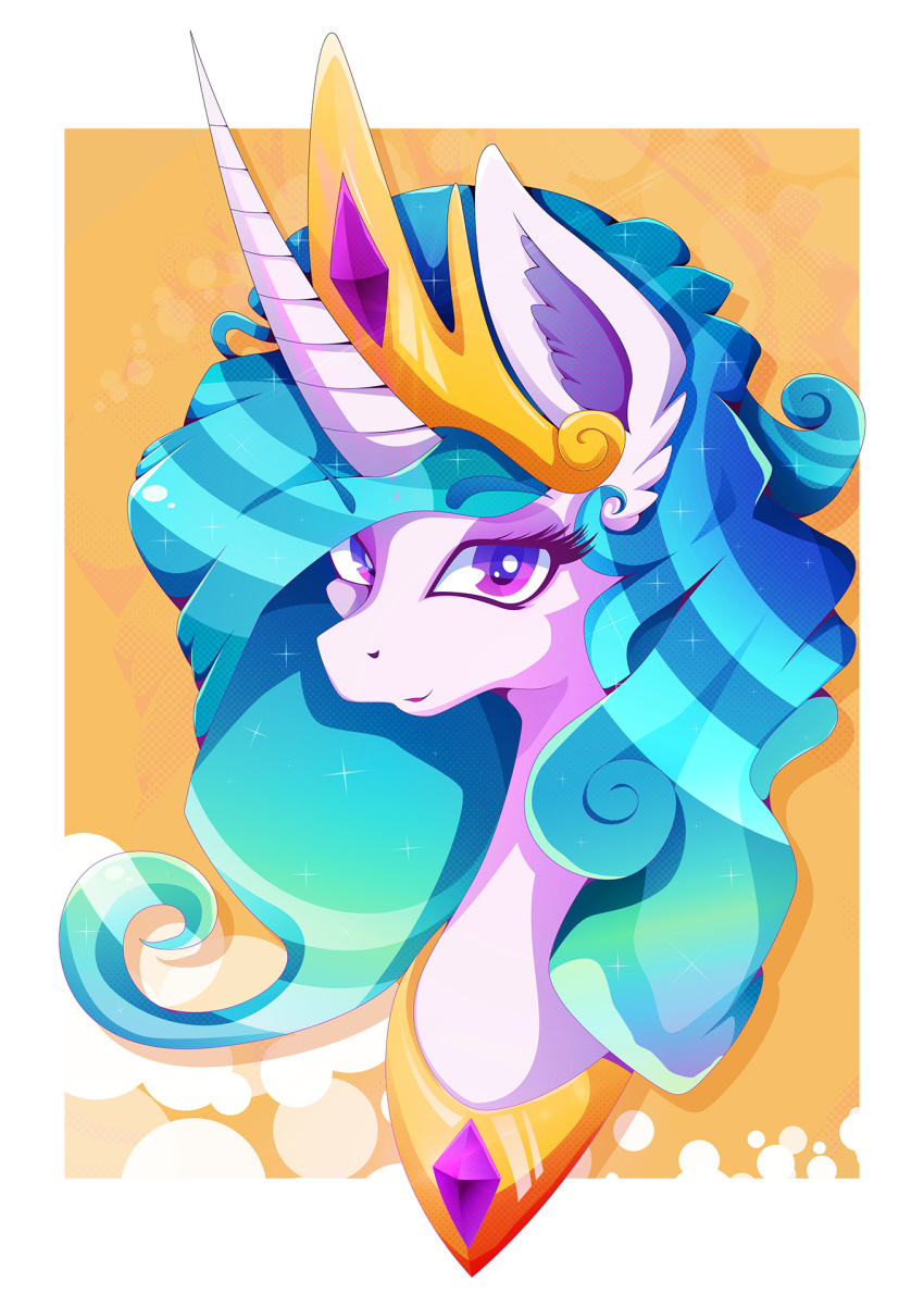 2020 blue_hair digital_media_(artwork) equid eyelashes friendship_is_magic hair headshot_portrait hi_res horn looking_at_viewer mammal my_little_pony portrait princess_celestia_(mlp) purple_eyes rariedash smile unicorn