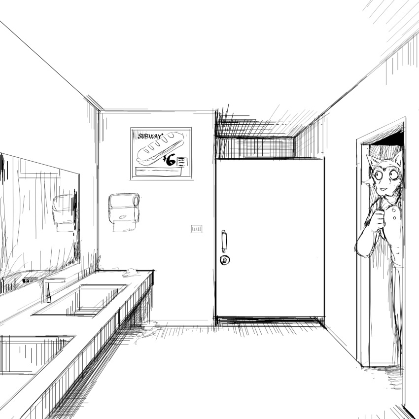 1:1 anthro bathroom beastars canid canine canis comic hi_res hladilnik legoshi_(beastars) male mammal monochrome solo subway_(restaurant) wolf