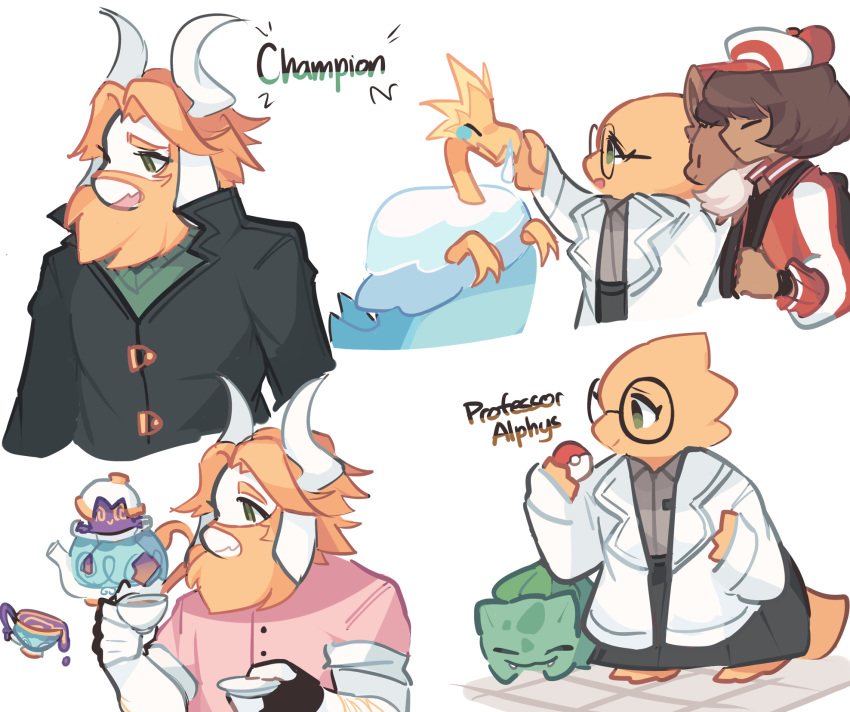 ^_^ alphys arctozolt brown_hair bulbasaur character_request charamells closed_eyes commentary crossover dark_skin english_commentary english_text facing_viewer fangs gen_1_pokemon gen_8_pokemon glasses green_eyes highres holding holding_poke_ball poke_ball poke_ball_(generic) pokemon polteageist simple_background sinistea undertale white_background