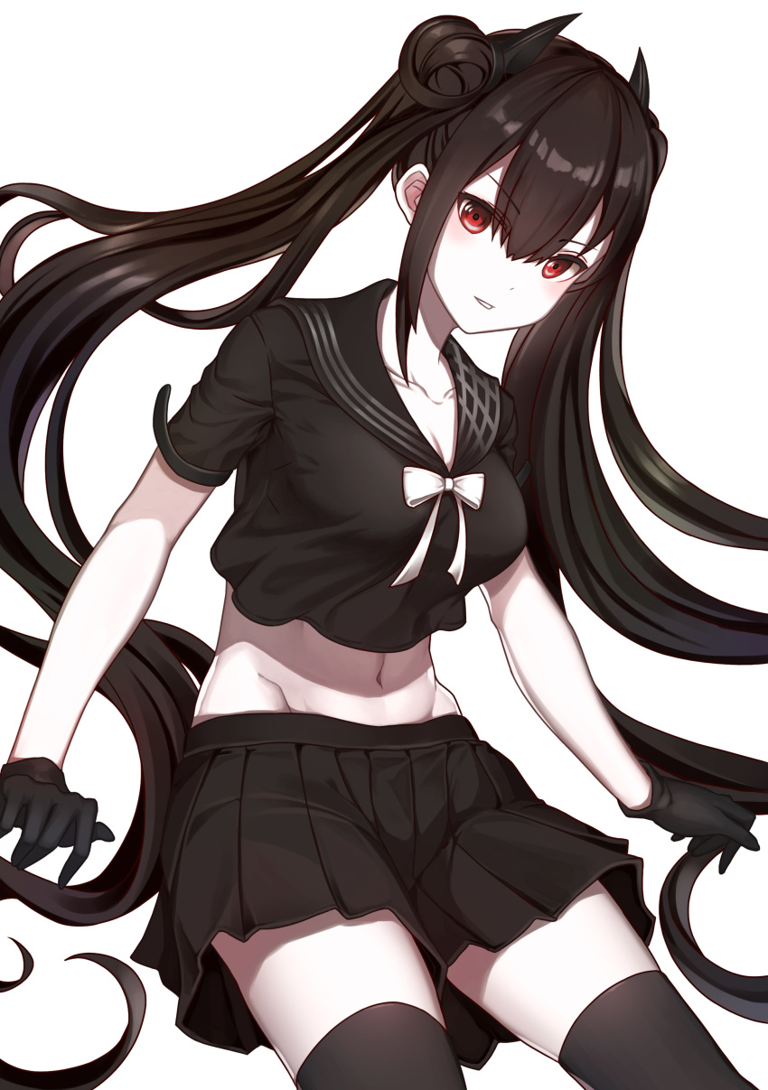 1girl absurdres asymmetrical_hair black_gloves black_hair black_legwear black_serafuku black_shirt black_skirt breasts cleavage eyebrows_visible_through_hair girls_frontline gloves hair_between_eyes hair_bun hair_ornament highres kim_nico long_hair medium_breasts midriff navel ouroboros_(girls_frontline) pale_skin pleated_skirt red_eyes school_uniform serafuku shirt skirt solo thighhighs twintails very_long_hair white_background white_skin zettai_ryouiki