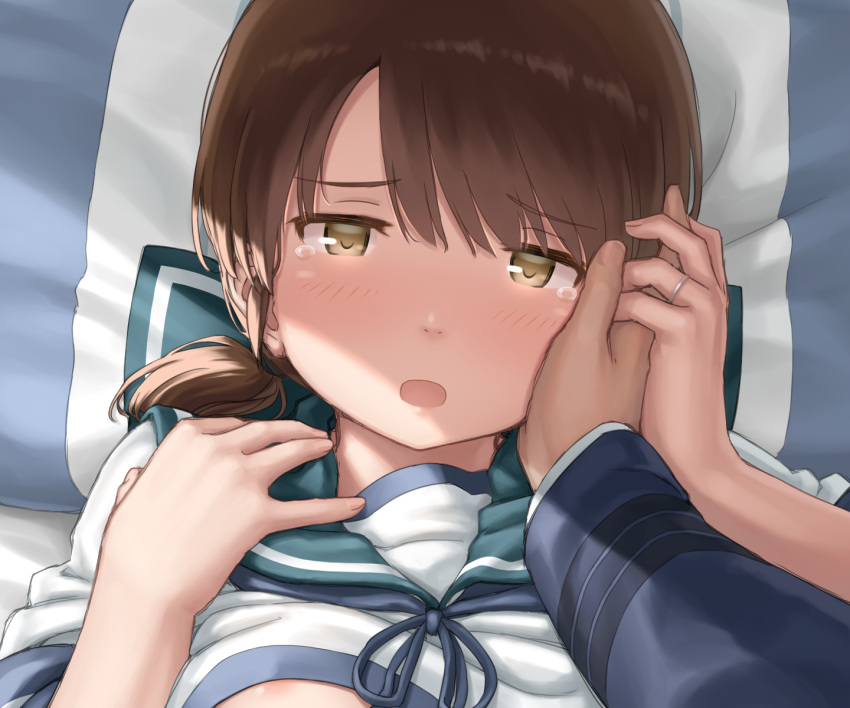 1boy 1girl blush breasts brown_hair caress eyebrows_visible_through_hair hayashi_naoharu highres kantai_collection looking_at_viewer lying nipple_slip nipples no_bra on_back on_bed open_eyes open_mouth pillow shirayuki_(kantai_collection) shirt shirt_lift short_hair small_breasts