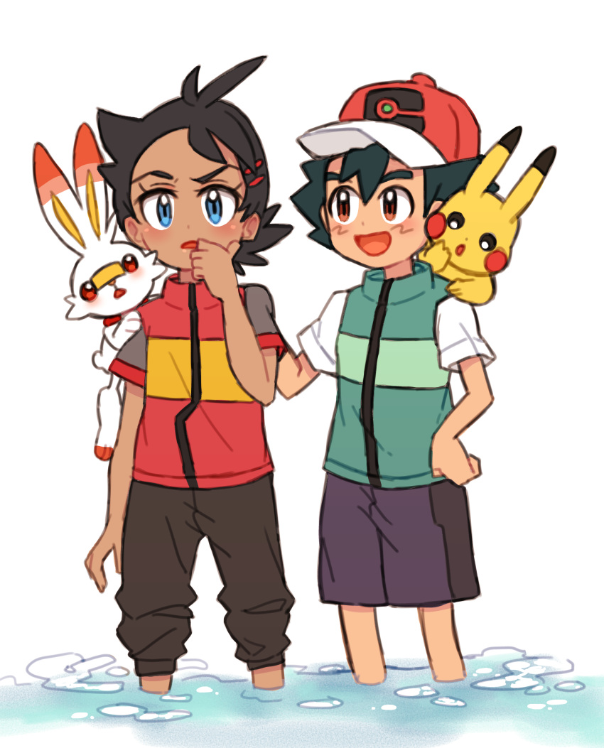 2boys absurdres baseball_cap black_pants blue_eyes brown_eyes dark_skin dark_skinned_male gen_1_pokemon gen_8_pokemon gou_(pokemon) hair_ornament hairclip hand_on_another's_shoulder hand_on_own_chin hat highres multiple_boys nico_o0 open_mouth pants partially_submerged pikachu pokemon pokemon_(anime) pokemon_(creature) pokemon_swsh_(anime) satoshi_(pokemon) scorbunny spiked_hair water white_background