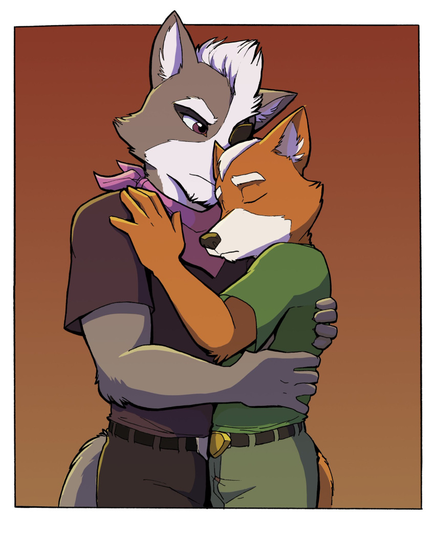 anthro canid canine canis cirruskitfox clothed clothing duo eyes_closed fox fox_mccloud fully_clothed fur grey_body grey_fur hi_res hug male male/male mammal nintendo orange_body orange_fur star_fox video_games wolf wolf_o'donnell
