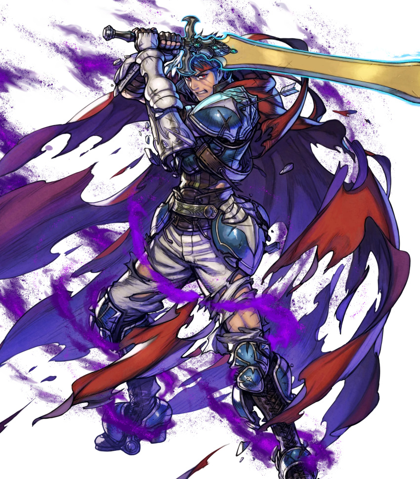 1boy alternate_costume armor armored_boots arrow aura belt blue_hair boots cape fingerless_gloves fire_emblem fire_emblem:_radiant_dawn fire_emblem_heroes fujisaka_kimihiko full_body gloves headband highres ike_(fire_emblem) injury official_art ragnell red_eyes scar solo sword teeth torn_clothes transparent_background weapon